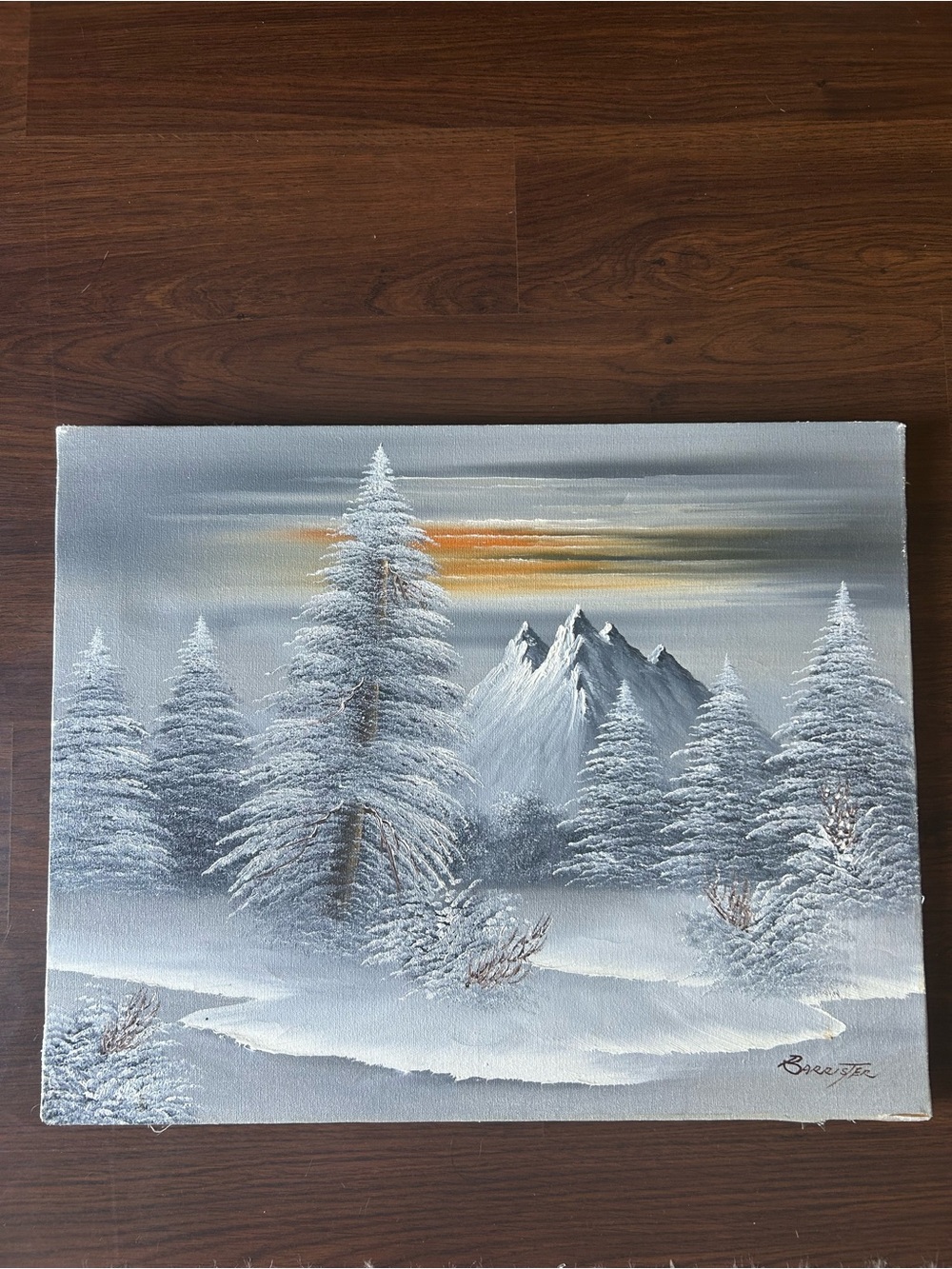 Original Vintage Snowy Pines Winter Landscape Canvas Wall Art in Gray and White